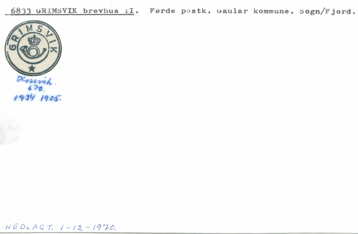Stempelkatalog 6833 Grimsvik, Førde, Gaular, Sogn og Fjordane