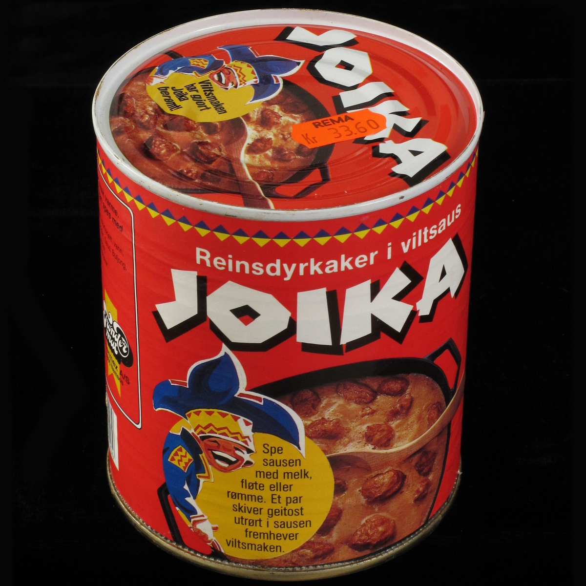 Gryte med joikakaker i brun saus,  Tegninig av person i sameklær.