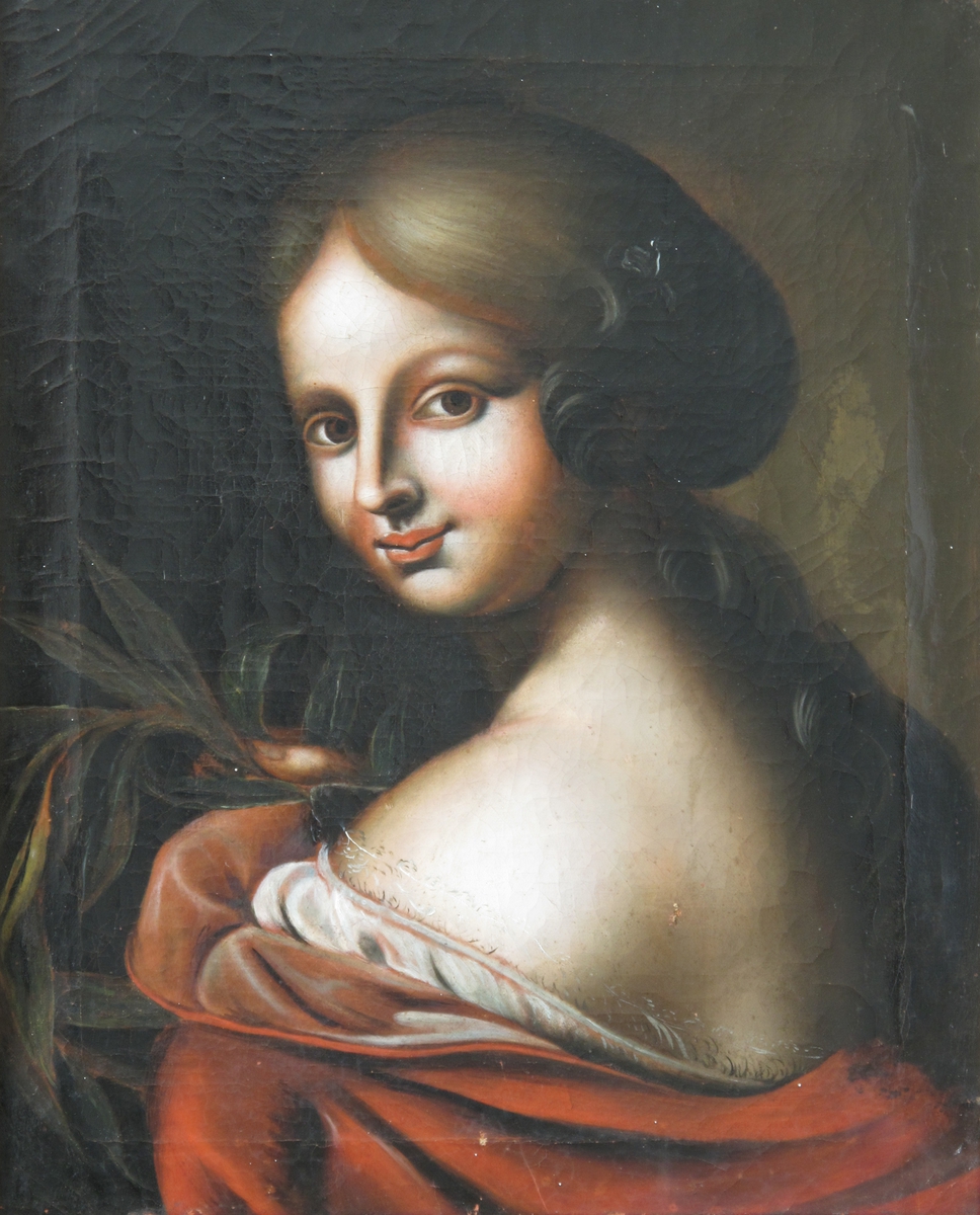 Ung dame med laurbærgren. "Laura". Brystbilde (skulderbilde), av ung kvinne med ryggen til, snur seg over skulderen mot tilskueren. Skulder og rygg naken, rød kappe foret m. blekræd silke over rygg og overarm, en hvit chemise kantet m. smal fin knipling kommer til syne. Kvinnen har skill i midten, håret faller tungt ut på sinde av hodet og er samlet bak i nakken, faller fra nakken nedover ryggen. Holder høyre hånd opp for brystet, med en laurbær (palme?)- gren, et udøreligetts - , lærdoms - og seierssymbol. Italiens renessanse prototyp, dette er fransk ell it., evt. eng. utgave fra den akademiske renessansetrad.s siste år omkr. 1790.  Håndverkspreget verkstedarbeide. 
