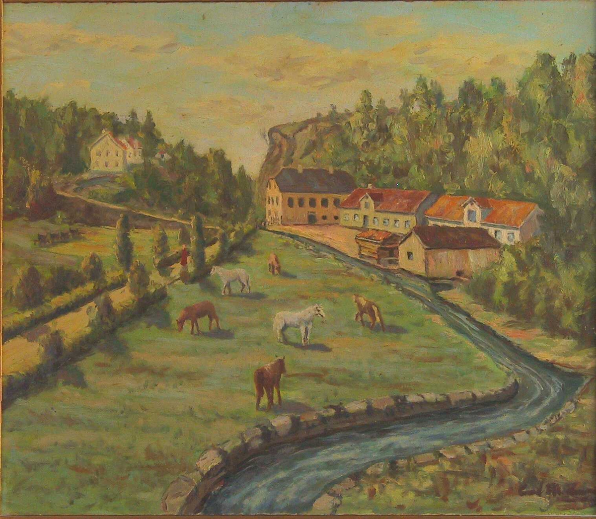 Parti av Barbudalen, slettene, Uglands hus med stabbur, stall, fjøs og vognhall. I forgrunnen beiter hestene til Langsæ Mølle  Uglands Møller) på en flat eng mellom Barbuelven  tilh. og veien tilv. Helt i bakgrunnen til v.  hus, bl. a. ett tilh. Buseth. 
