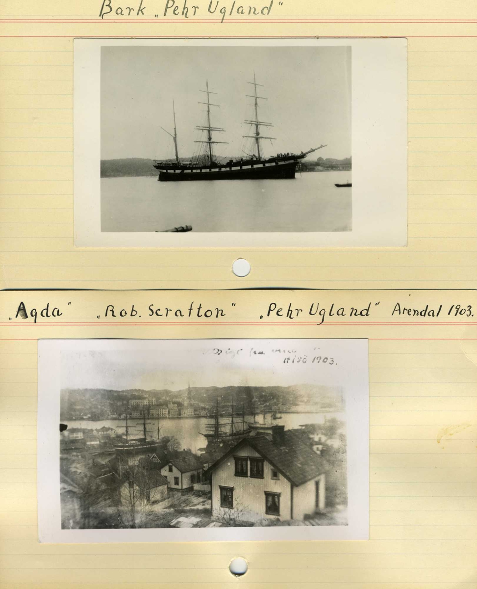 Fartøybilder fra Agder. 

Navn:  Pehr Ugland
Kjennetegn: HTPM
Type: Stålbark
Bygget 1891 i Alloa, Skotland
Hjemmehavn: Arendal
Kilde: Veritas: 1905, 1911
Drektighet: 1279 nrt
Skuteregistersignatur: 1820 og 1905VP18

Bilde 1:
Arkivref: Fartøybilder 59, AAA jnr. 463-1963
Tekst: "Pehr Ugland" av Arendal i Mobile, oktober 1906. Fra journalist Birger Dannevig, Gjervoldsøy, 4. okt. 1963.
Opprinnelig filreferanse i eDepoet: F0120_Fartøybilder-SMW_090507\PEHR UGLAND BARK MOBILE 1906.tif

Bilde 2:
Arkivref: Fartøybilder 59, AAA jnr. 690-1964
Tekst: Gave fra Birger Dannevig, Arendal, 12. nov. 1964.
Opprinnelig filreferanse i eDepoet: F0120_Fartøybilder-SMW_090507\PEHR UGLAND BIRGER DANNEVIG.tif

Bilde 3:
Arkivref: Fartøybilder 59, AAA Neg. nr.  23311
Opprinnelig filreferanse i eDepoet: F0120_Fartøybilder-SMW_090507\PEHR UGLAND I.tif

Bilde 4:
Arkivref: Fartøybilder 59, AAA Neg. nr. 385
Tekst: Staalbark "Pehr Ugland" af Arendal bragt ind i Mobile Havn efter Strandingen under Cyclonen 26. Septbr. 1906. Gave 5. september 1961 fra skipsmegler Anders Emil Ugland, Oslo.
Opprinnelig filreferanse i eDepoet: F0120_Fartøybilder-SMW_090507\PEHR UGLAND II.tif

Bilde 5:
Arkivref: Fartøybilder 59, AAA Neg. nr. 384, AAA jnr. 463-1963
Tekst: Kopi ved Birger Dannevig ca. 196
Opprinnelig filreferanse i eDepoet: F0120_Fartøybilder-SMW_090507\PEHR UGLAND MOBILE OKTOBER 1906 I.tif

Bilde 6:
Arkivref: Fartøybilder 59, AAA jnr. 690-1964
Tekst: Pehr Ugland som lekter i Larvik, juni 1937. Gave fra Birger Dannevig, Arendal, 12. nov. 1964.
Opprinnelig filreferanse i eDepoet: F0120_Fartøybilder-SMW_090507\PEHR UGLAND VI.tif
