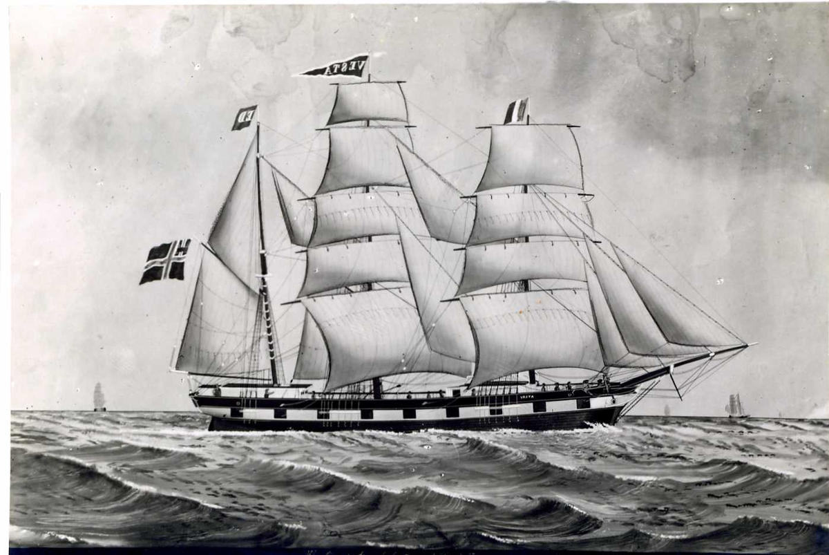 Fartøybilder fra Agder.
 
Navn: Vesta
Kjennetegn: HTSV og N 164
Type: Bark
Bygget 1850 i Arendal
Hjemmehavn: Arendal, reder E. Dedekam
Kilde: Hvite seil 2.04, 3.86
          Veritas: 1868
          Ingemann: 1856
Drektighet: 162 cl
Skuteregistersignatur: 530 og 1855IV164

Bilde 1:
Arkivref: Fartøybilder 83, AAA Neg. nr. 531, jfr. AAM. B. 606
Tekst: "Vesta" af Arendal. Capt. A. Christiansen. . Foto stemplet Selmer Norland & Co, Arendal.
Opprinnelig filreferanse i eDepoet: F0121_Fartøybilder-SMW_090507\VESTA BARK SELMER259.tif

Bilde 2:
Arkivref: Fartøybilder 83
Opprinnelig filreferanse i eDepoet: F0121_Fartøybilder-SMW_090507\VESTA BRIGG261.tif

Bilde 3:
Arkivref: Fartøybilder 83, AAA Neg. nr. 1562
Tekst: Bark "Westa" af Arendal. Capt. A. Sörensen, 1869. Malt av Carolus Ludovicus Weyts (1828-1876), Antwerpen. Originalen tilhører: Kunstmaler Sigurd Sørensen, Ullevoldsv. 82, Oslo. Foto: O. Væring.
Opprinnelig filreferanse i eDepoet: F0121_Fartøybilder-SMW_090507\VESTA BARK258.tif

