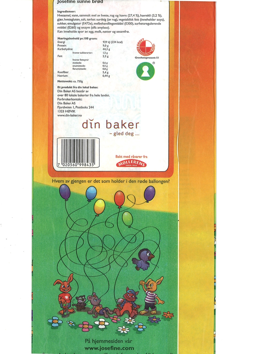 Forsiden: Tegning i farger av to kaniner som står med armene ut i en blomstereng.
Baksiden: Tegning i farger av flere smådyr med ballonger som krysser hverandre.
Nøkkelhull ikon.