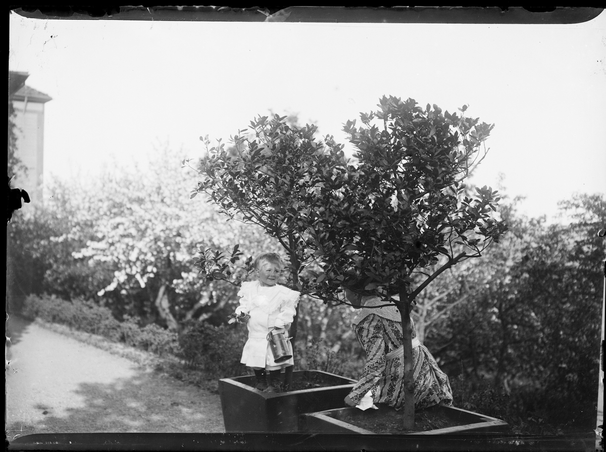 Et barn står oppe i en stor blomsterpotte. Trær og planter i bakgrunn.