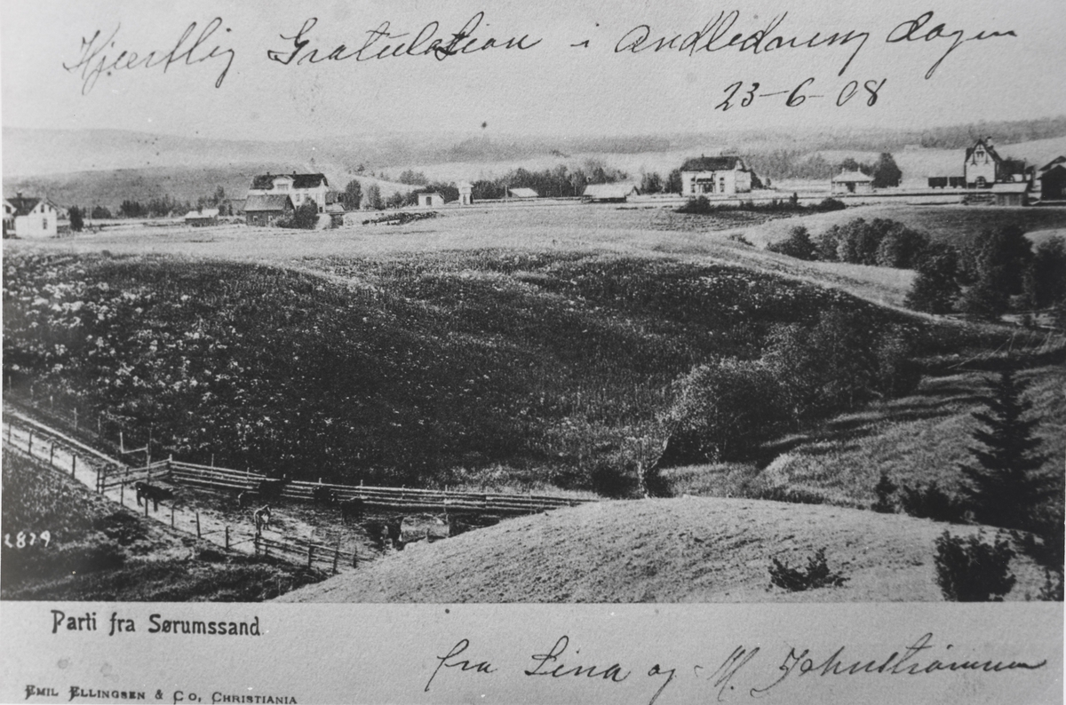 Postkort "Parti fra Sørumssand". Sørumsand stasjon t.h.