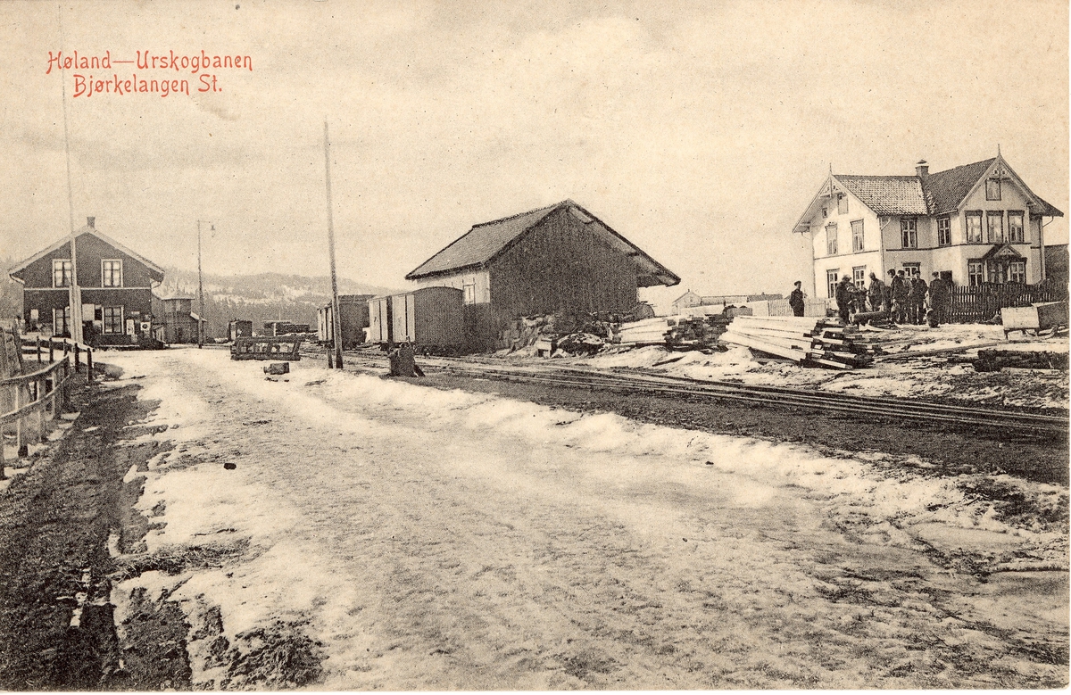 Bjørkelangen stasjon m/godshus og tre godsvogner.