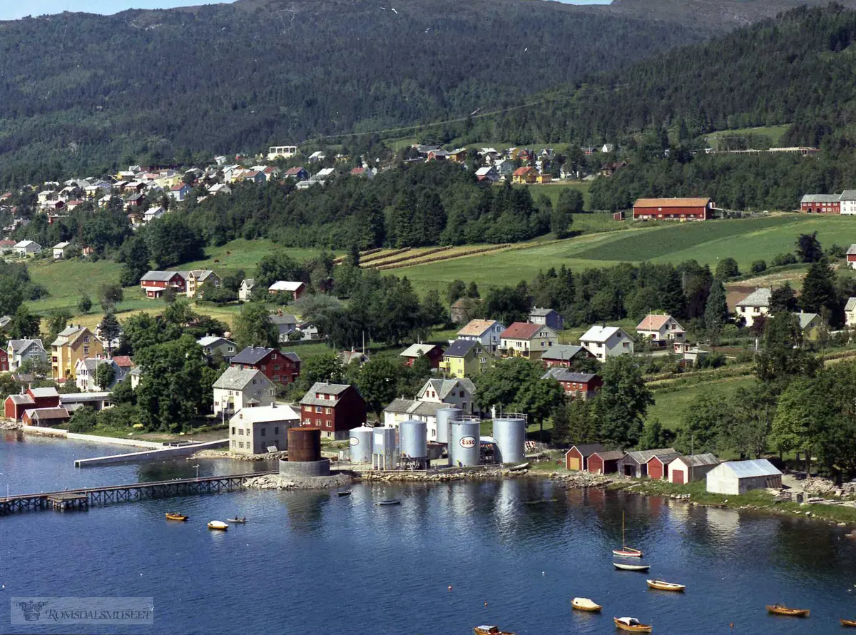 Fuglset gård, øverst til høyre i bildet, til venstre Verftets handel (gult hus) og ovenfor: gårdene på Nedre Fuglset, Vårtun og Bakkely...Fuglset. Røsberg, Erling og Røshol, EinarEsso