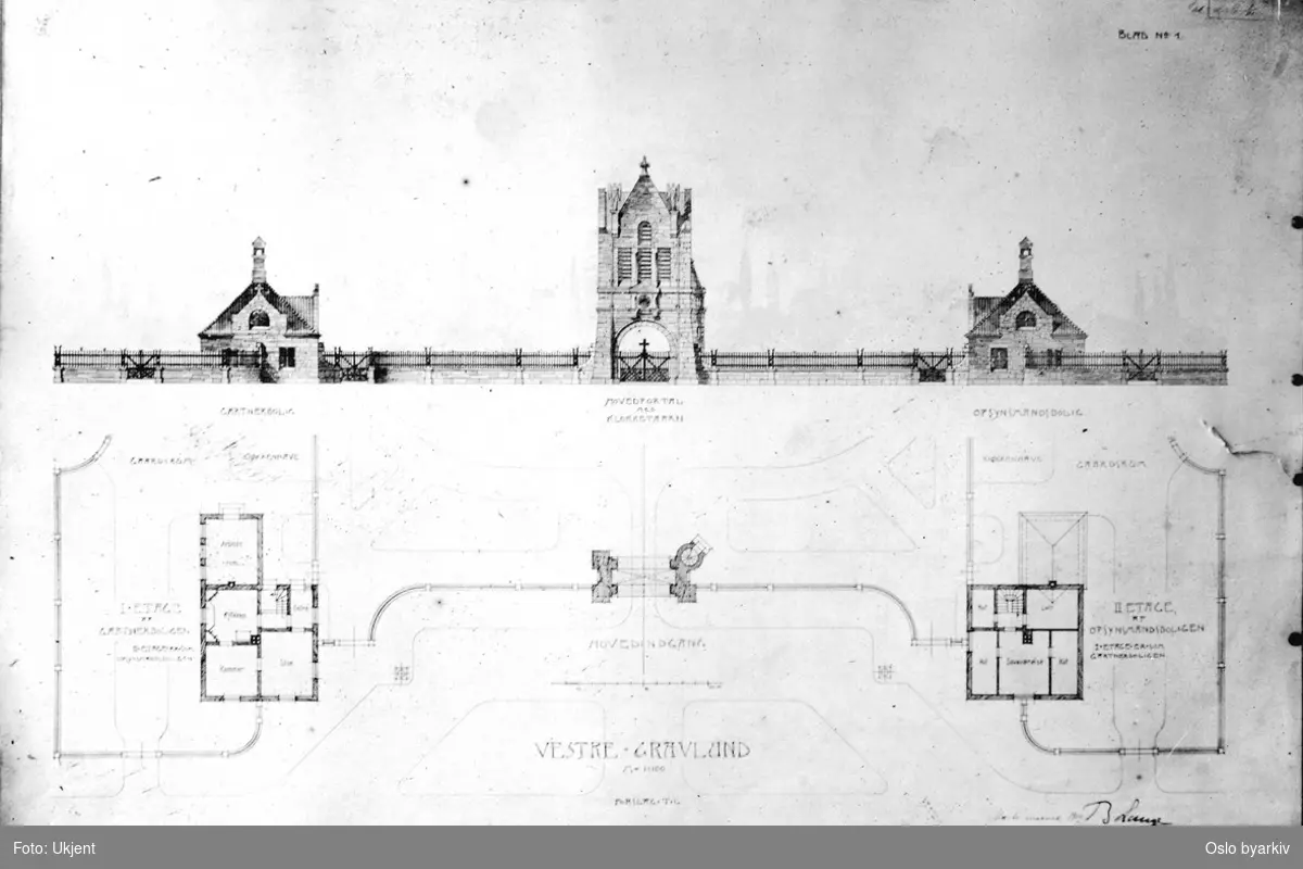 Tegninger av / Forslag til gravlunden med gartner- og oppsynsmannsbolig. Tegningen er datert 17-12-01.