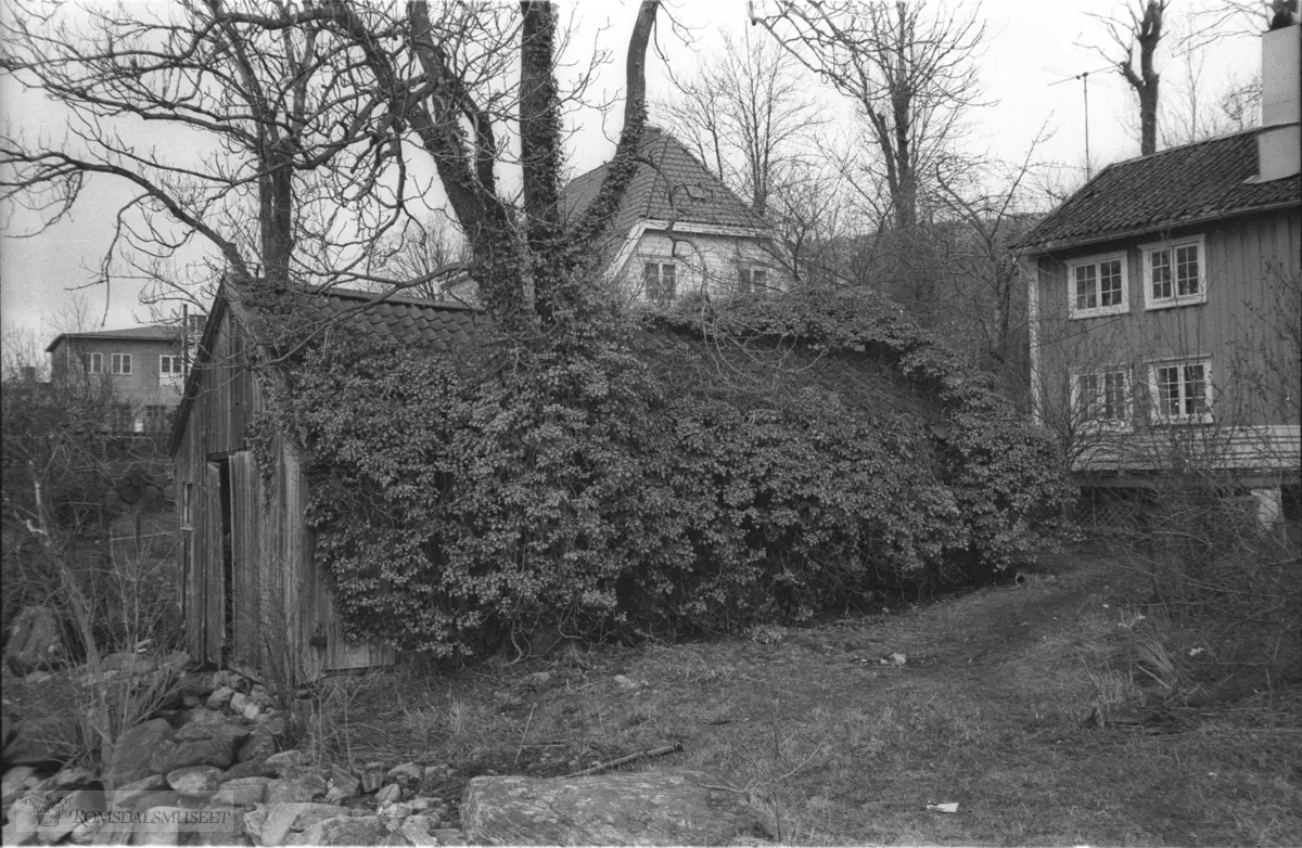 Fjærestua til høyre..I bakgrunnen Bragstadhuset, i dag Bispekontoret i Møre.Huset ble senere flyttet opp i Sandveien og ombygd..(Se Romsdal Sogelag 2004)