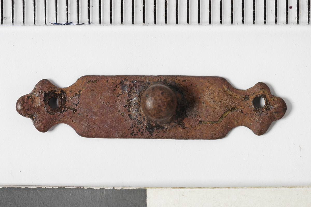 MALV: L. 24, 5  B. 6 MM, REKTANGULÆRT MED HULL I HVER ENDE SOM ER 3-KLØVER-BLADFORMET. EN KNOTT I MIDTEN. 
