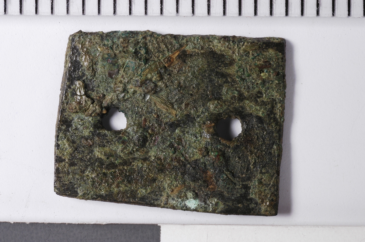 MÅL: L. 1, 5 CM,  B. 1, 1 CM, TILNÆRMET REKTANGULÆRT STYKKE AV TYNN BRONSEPLATE. TO SMÅ SYMETRISKE PLASSERTE HULL.
