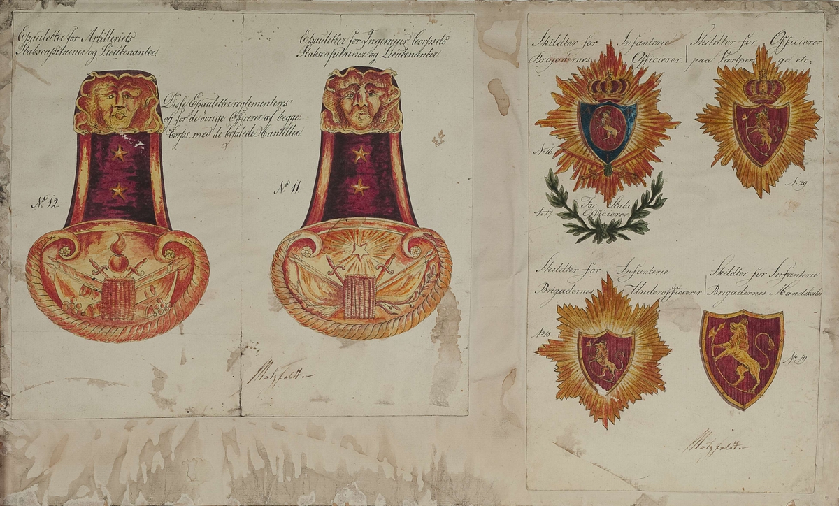 To approbasjonstegninger for epauletter og lueskilt, 1818. Tekst: No 12. Epauletter for Artilleriets Stabscapitainer og Lieutenanter. No 11. Epauletter for Ingenieur-Corpsets Stabscapitainer og Lieutenanter. Disse epauletter reglementeres og for de øvrige Officerer af begge Corps, med de befalende Cantiller. No. 16. Skildter for Infanterie Brigadernes Officierer. No 17. For Stabs-Officierer. No 18. Skildter for Infanterie Brigadernes Underofficierer. No 29. Skildter for Officierer paa Vartepenge etc. No 19 Skildter for Infanterie Brigadernes Mandskaber.