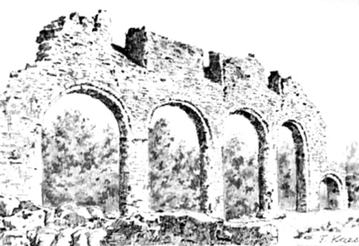 Hamar, radering av kunstneren F. Kaes, motiv av Domkirkeruinen, Hedmarksmuseet og Domkirkeodden, 

