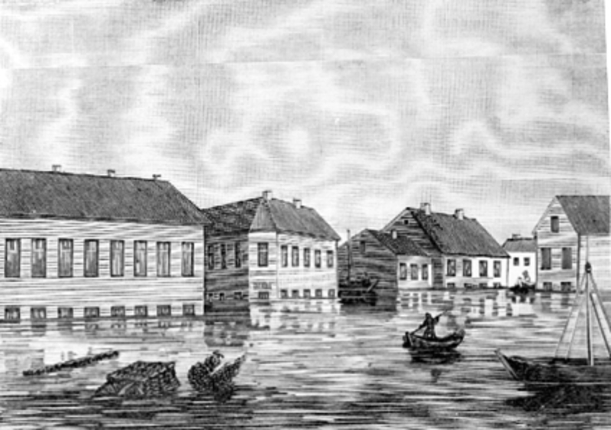 Trykk 1860, Hamar, Strandgata, mjøsflommem 1860, med robåt i flomvannet,