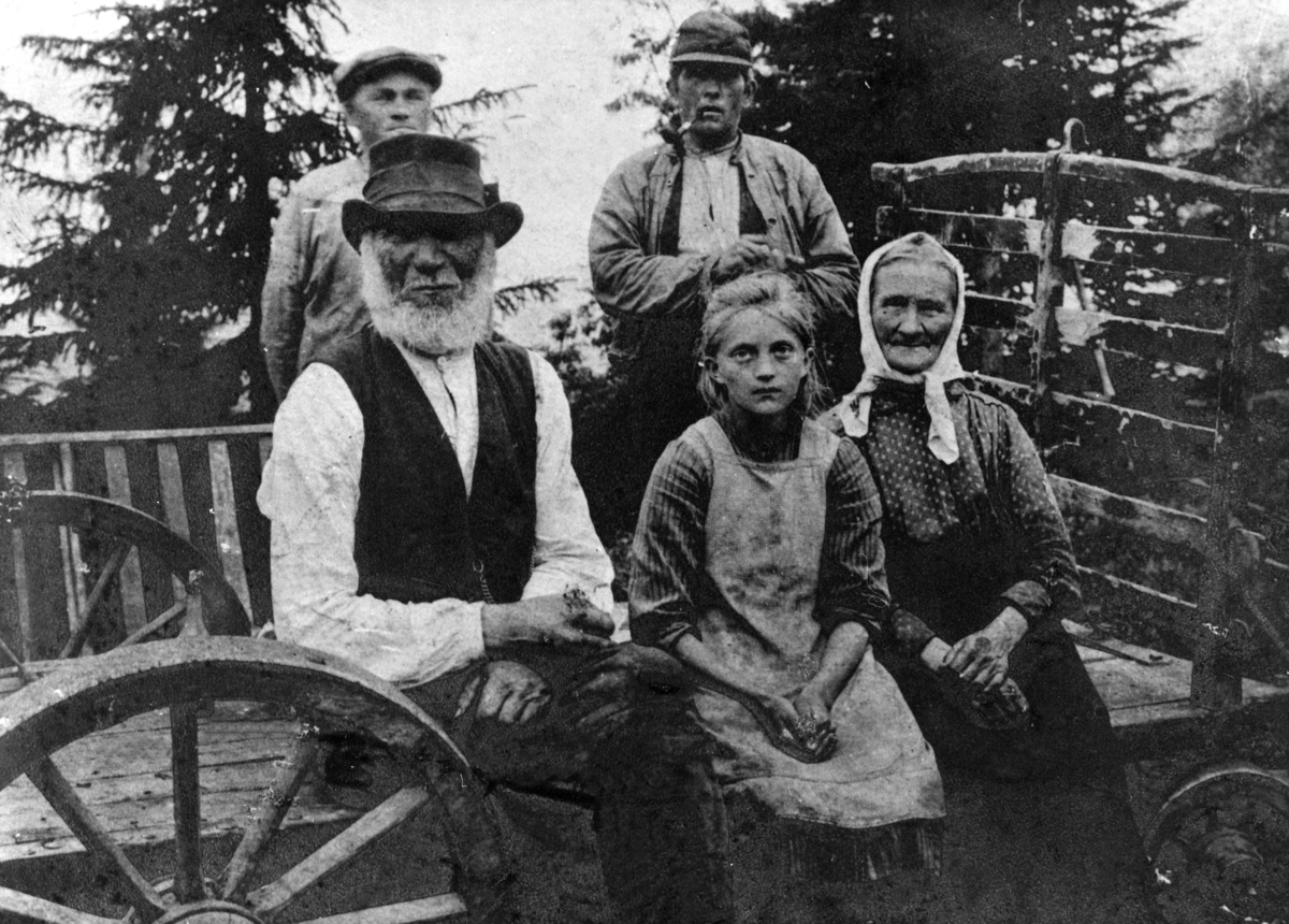 Slåttonn i Finnstua under Opsahl gård, Veldre, Ringsaker. Sittende i høykjerra er Idius Larsen Tranby f.1852, barnebarnet Ingeborg f.1908, Mathea Tranby f.1854. Bak er Lars Tranby, Johs. Molstadengen.