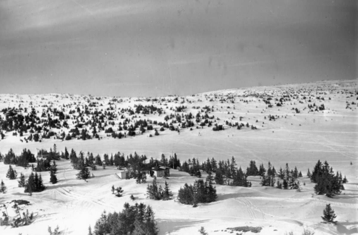 Flyfoto av bebyggelse i vinterlandskap på Sjusjøen, Ringsaker Almenning.