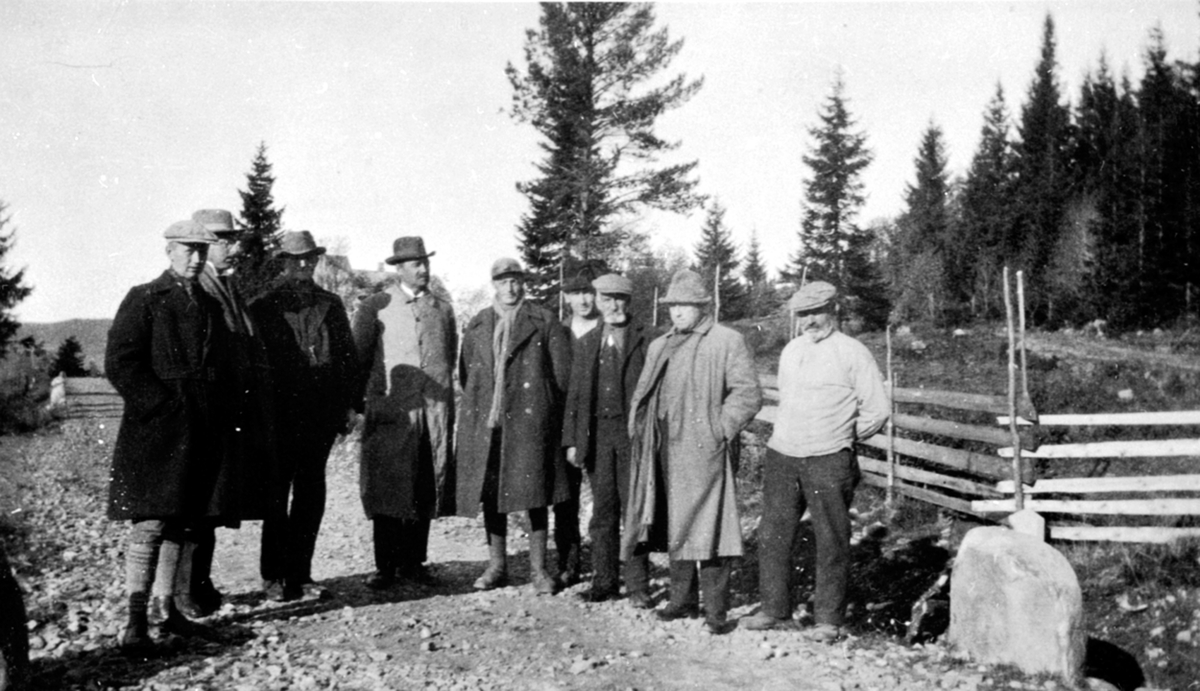 Gruppe på 10 personer, Rognlien, Furnes, Ringsaker. Befaring, vegovertagelse.