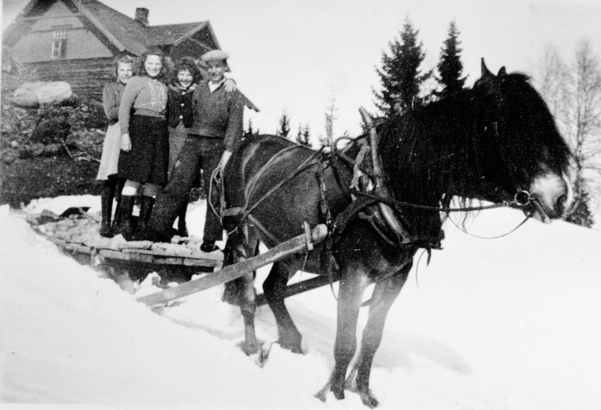 Steinkjøring med hest og slede. Karlstad i Brennliroa, Åsmarka, Ringsaker. Sleden full av folk. Bertha Brennlien, ukjent, ukjent, Nils Brennlien.