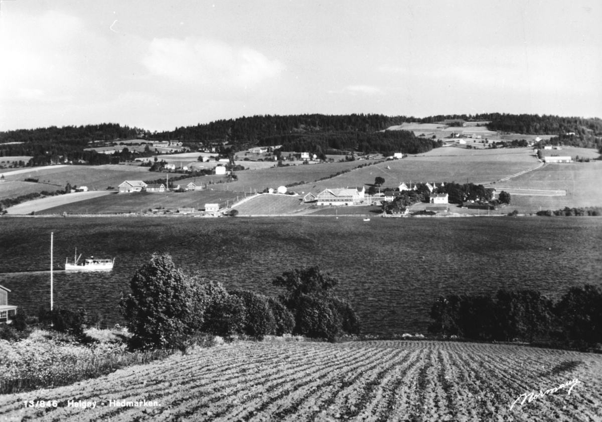 Postkort, Utsikt over Nessundet mot Helgøya. M/S på vei inn til brygga på Tingnes. Nes brygge,