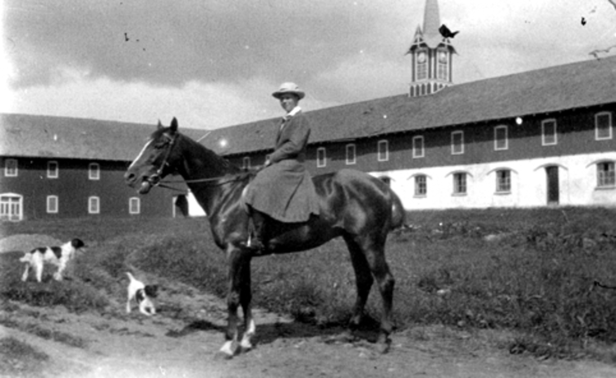 Solveig Kildal på hesteryggen utenfor låven på Hoel gård, Nes, Hedmark.