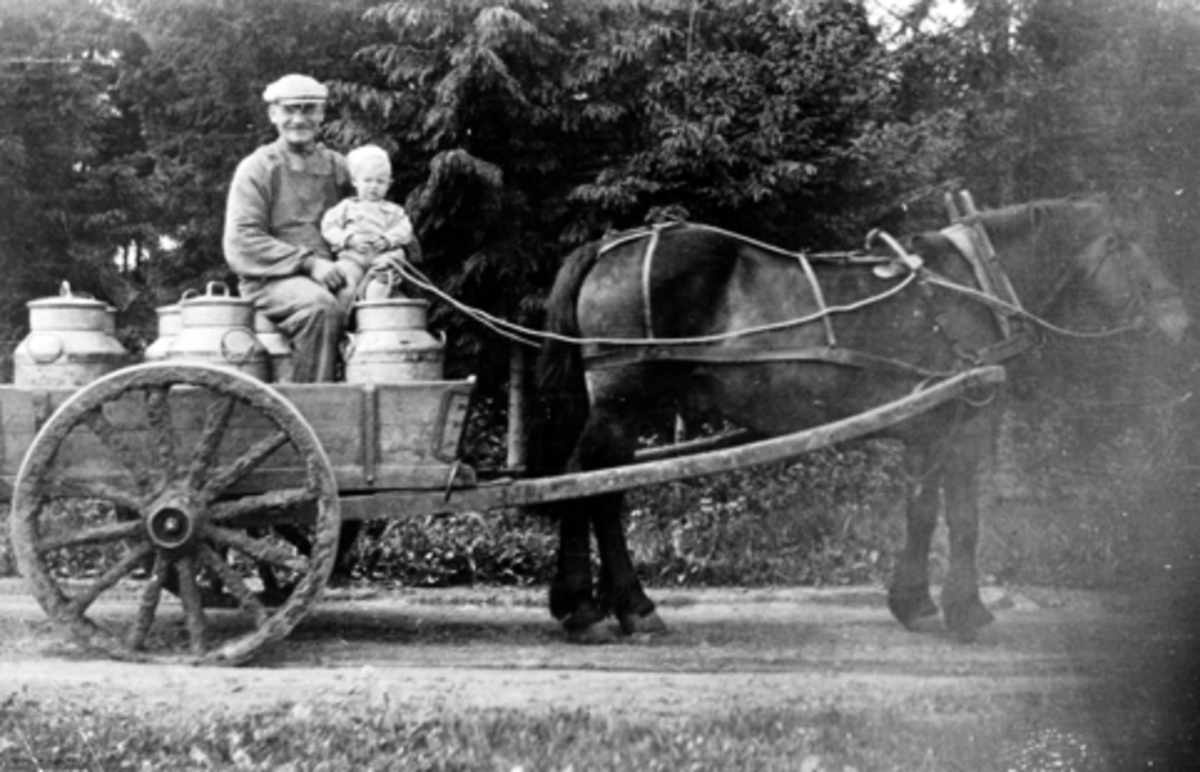 Johan Andreassen Teksum (1881-1945) med Johan Teksum f.1939 på fanget. Hest og kjerre med mjølkespann på Teksum, Nes, Hedmark.