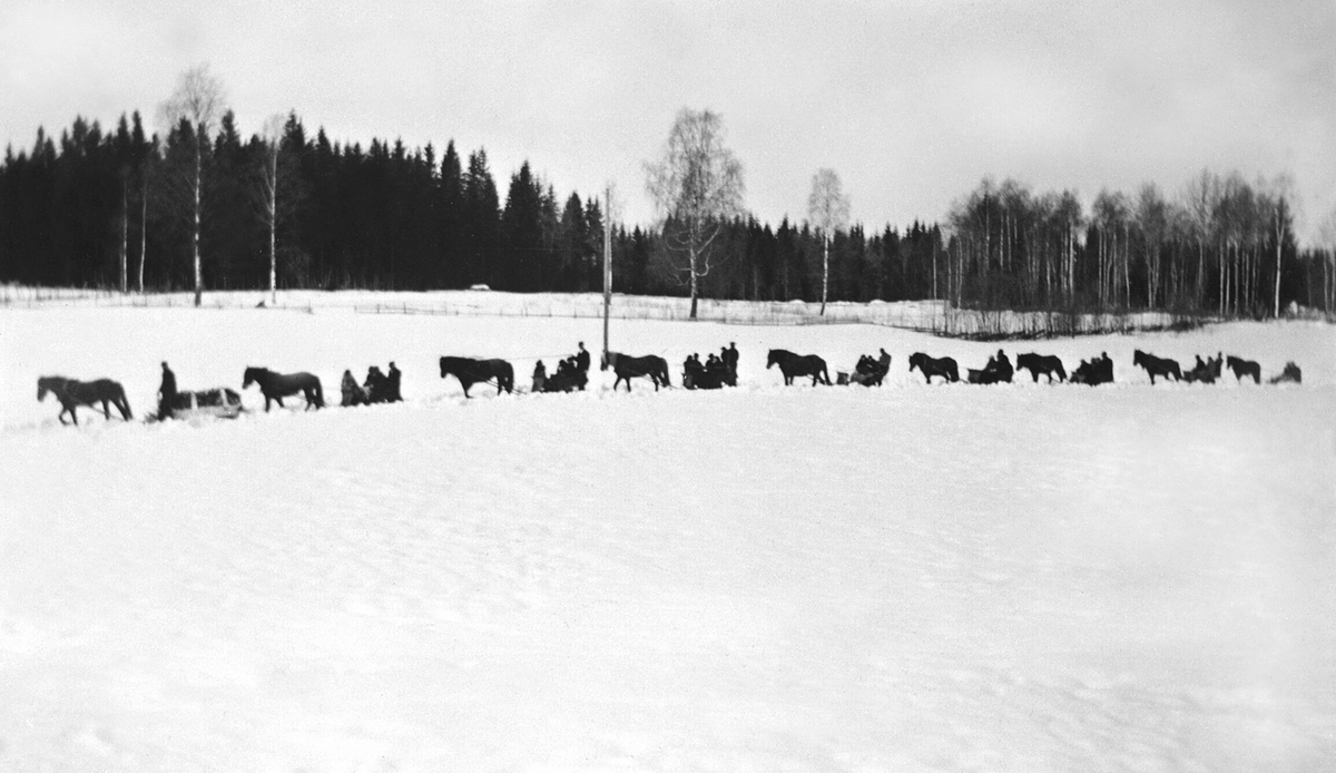 Begravelsesfølge med hester og sleder etter Karoline Brenden den 18. mars 1936. Gravfølget kommer kjørende ned fra Enger mot Purkilstad, Stavsjø, Hedmark.