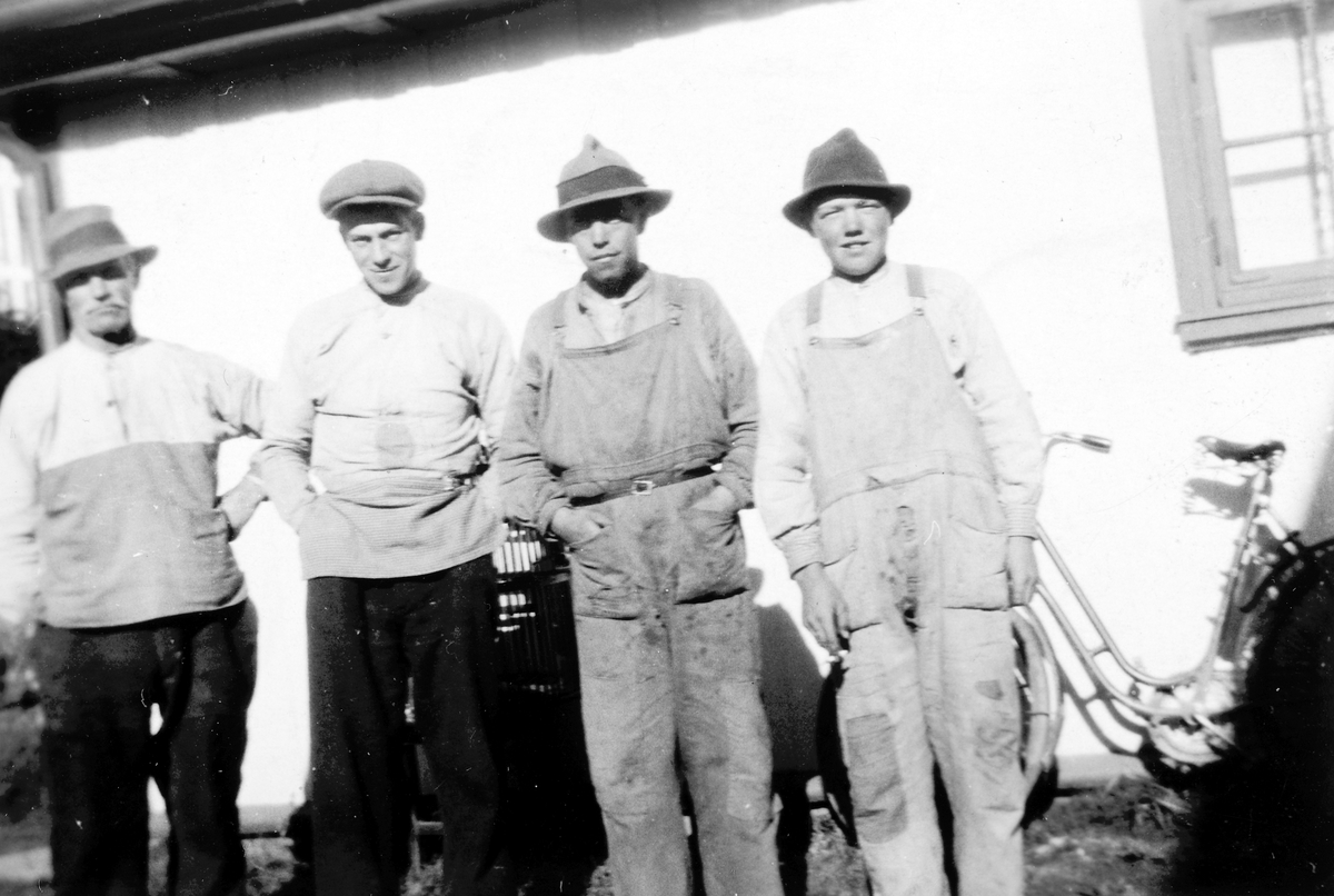 Vik gård, Tangen. Arbeidskarer, gårdsarbeidere. F. v. Ukjent, ukjent, Oskar Stenberg, Gunnar Lundby. 