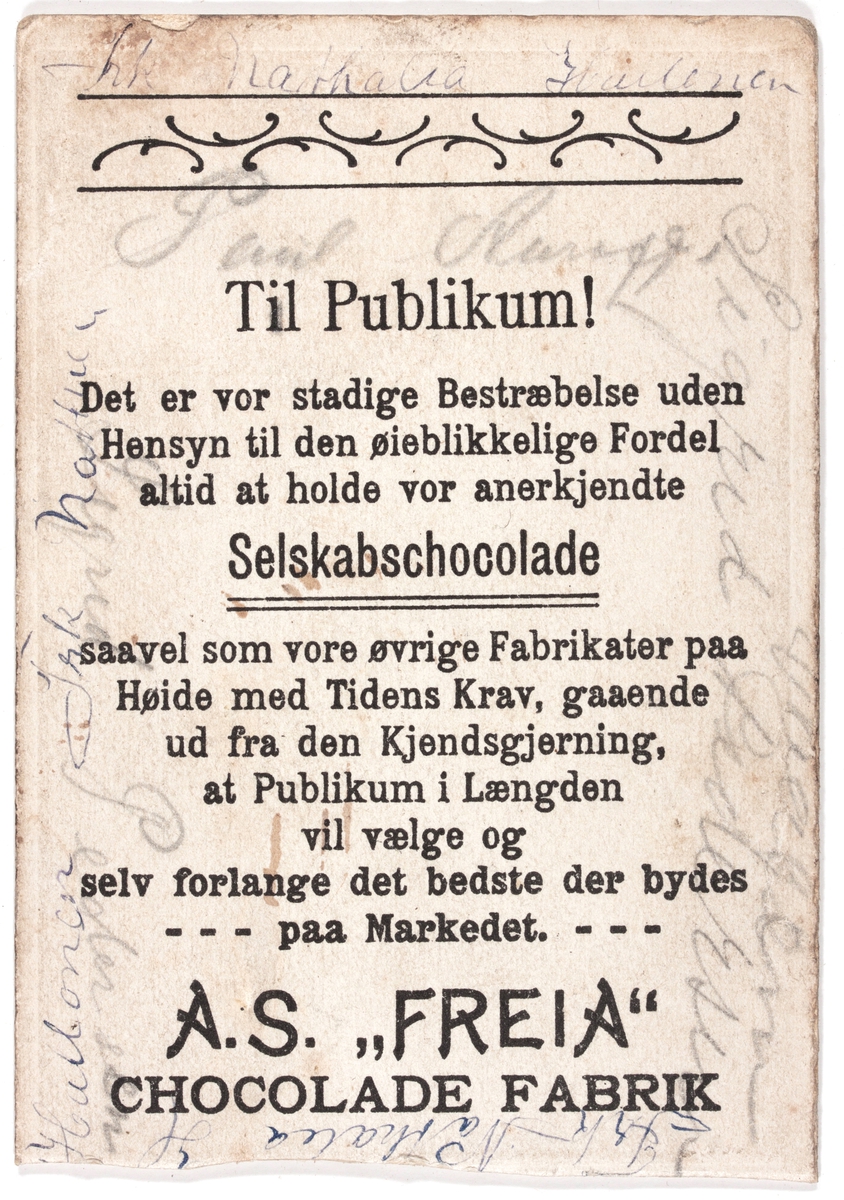 Visittkortfotografi. Sarah Bernhardt teaterskuespiller. Reklame for Freia selskapssjokolade på baksiden.