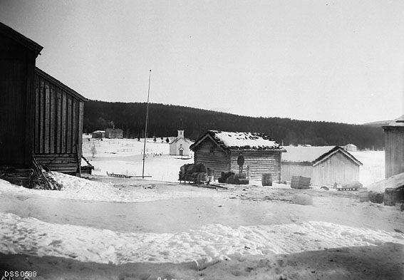 Fra gardstunet på eiendommen Hattfjelldal i bygda med samme navn på indre Helgeland.  Fotografiet ble tatt en vinterdag i 1910 fra en posisjon der vi ser hjørnene av våningshusa på garden til venstre i bildet og noen av driftsbygningene til høyre.  I tunet sto det en slede med oppakning, men uten forspent trekkdyr.  Ved siden av sto en ung gutt på en varestabel.  Ellers i gardstunet ser vi både tønner, kasser og sleder.  Bakenfor skimter vi stedets kvitmalte trekirke (bygd 1868, vigslet 1869), og et par andre gardstun, hvorav det ene skal være Prestegården.  Innmarksarealene omkranses av Prestegårdsskogen.

Fotografiet er tatt ti år etter at staten kjøpte «Engelskbrukets» (The North of Europe Land and Mining Co. Ltd.) eiensdommer i Hattfjelldal.  Med i handelen fulgte 99 leilendingsbruk.  Prestegarden og eiendommen Nyborg var de eneste jordbruksenhetene i Hattfjelldal som ikke hadde tilhørt det engelske selskapet.  Se kort historikk under fanen «Opplysninger».