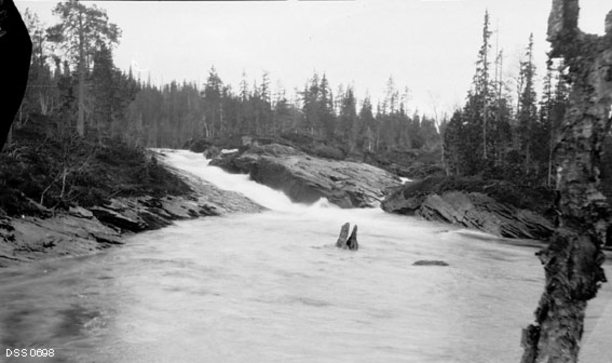 Parti fra Bleikvasselva i Hemnes kommune på Helgeland, antakelig fotografert i 1908.  Bildet viser et sted der elva fosset kvitskummende gjennom ei kløft i berget og ned i en endenforliggende kulp, der det stakk opp et par steinskjær i et noe opprørt vannspeil.  Fotografiet er antakelig tatt for å dokumentere en lokalitet der topografien i elveløpet skapte vanskeligheter for tømmerfløtinga fra skogene i Bleikvassli.  Daværende skoginspektør på Helgeland, Ivar Ruden, fikk i februar 1909 skogdirektør Michael Saxlunds aksept for å bruke 500 kroner på reguleringstiltak som skulle gjøre det mulig å fløte tømmer fra Bleikvasselva over i Røssåga.  Ruden organiserte sprening av steinskjær og bergknauser ved elva, og han sørget også for at innløpene til en del sidegreiner hvor det ikke ble fløtet nyttevirke ble gjentømret.  Arbeidet kostet 300 kroner, altså bare 60 prosent av de midlene som var stilt til disposisjon.  Før disse reguleringsarbeidene ble igangsatt ble tømmer og ved fra statens skoger i Bleikvassli solgt på elvebakkene langs Bleikvasselva, i praksis bare til lokale kjøpere.  Etter at man fra 1910 fikk gjort vassdraget lettere fløtbart, fikk en virket over i Røssåga, noe som gjorde det tilgjengelig for flere kjøpere, noe som også innebar muligheter for høyere priser.