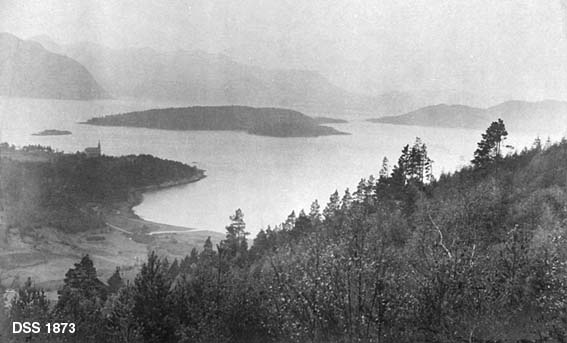 Utsikt mot fra Lillevik mot Veøy.  I forgrunnen ei bratt li med furu- og bjørkeskog.  Nedenfor Romsdalsfjorden med Veøy, og med Vågestrandtrolltindene i bakgrunnen.  Karkateristisk kirkebygg på Sølsneset til venstre. 