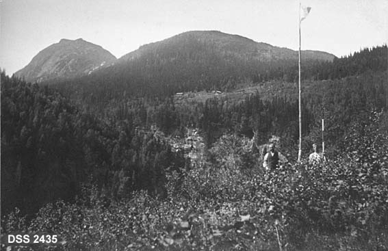 Landskapsfotografi fra Limarka skog og Saursetmarka statsskog.  Bildet er tatt på bakkekam med gras og krattskog.  To mann med flagg som markerer et trianguleringspunkt og grensestang står i mellomgrunnen.  Bakenfor dem en dal med bratte bergflater og granskog i flattere lende, sæterhus høgere oppe under skogbandet ved den nærmeste av to fjelltopper i bakgrunnen. Bildet er tatt i forbindelse med landmåling i 1913. 