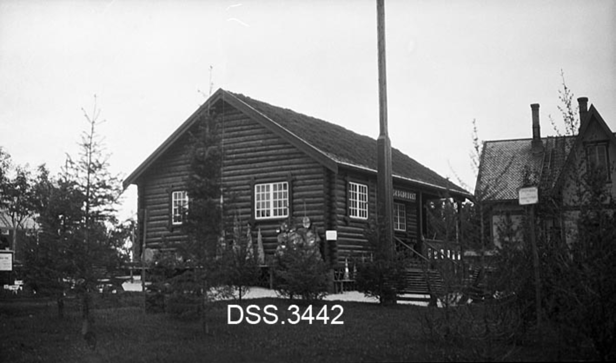 Skogbruksnæringas paviljong under Bodøutstillingen i 1926.  Laftet tømmerbygning med inngangstrapp til veranda på langsida.  En del mindre gran- og furutrær er montert på plenflata foran bygningen.  Et spissgavlet våningshus i bakgrunnen til høyre i bildet. 

Litt generell informasjon om skogbrukets engasjement i forhold til den såkalte «Fylkesutstillingen» i Bodø i 1926 finnes under fanen «Opplysninger».