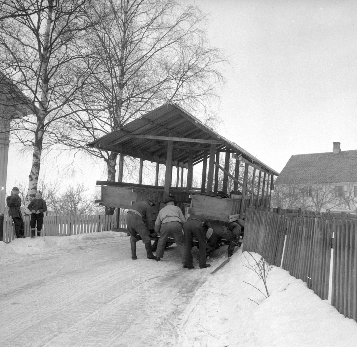TRANSPORT AV MINKGÅRD VED ARNEBERG I ROMEDAL. MINKGÅRDEN SKAL FLYTTES TIL GUNNAR BLEHR I OTTESTAD. (HS 18. MARS 1960) STED: ROMEDAL KOMMUNE: STANGE DATO:18. 03. 1960 FOTO:EGIL M. KRISTIANSEN 