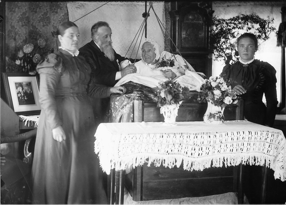 Ringsaker, Herberg - Kjos, Kjøpmann Øgestenius Kjos (1840-1925) besøker sin sengeliggende mor: Anne Kjos (født Ovren 09.10.1803-17.02.1901) på hennes 95 års dag i 1898, til venstre Birgitte Cicilie Kjos (f. 1844 i Drammen - 1903) og til høyre pleiedatteren Sappho Hermine Kjos (1888-)
Anne Baldishol (født Ovren fra Gausdal) var gift med Peder Pedersen Baldishol (herbergskjos) (1794-1848), etter hun ble enke bruker hun Ane Kjos (i dødsannonsen fra 1901og født Owren) Hun var datter av stortingsmann Østen Olsen Ovren (1780-1843) fra Gausdal.