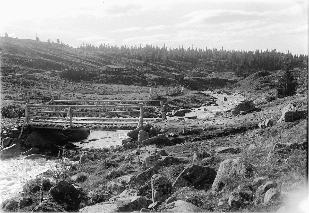 Oppland, Øyerfjellet, Snultra seter, Fuglseng setra, bru over elva Skolla,