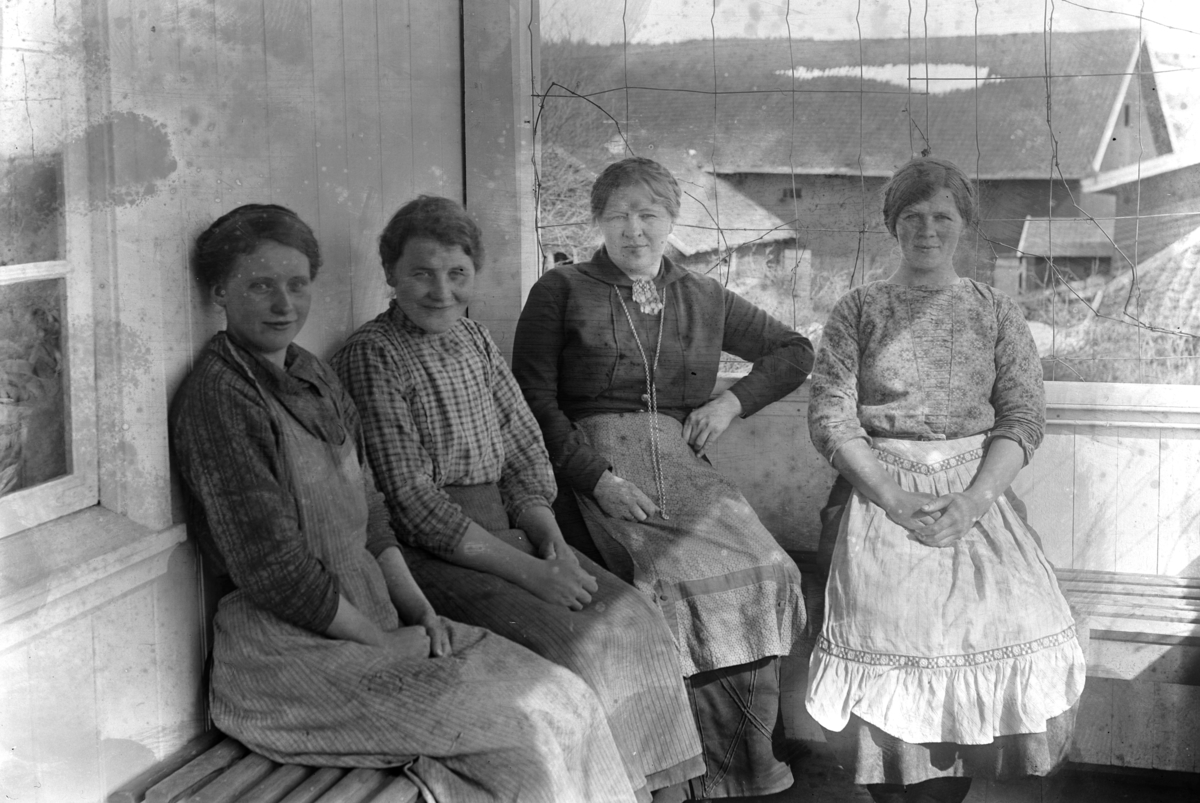 Ringsaker, Veldre, Løken østre, gruppe 4 kvinner på veranda, Nr. 3 fra venstre er Wilhelmine Mimi Løken, fotografens kone. arbeidstøy med forkle,