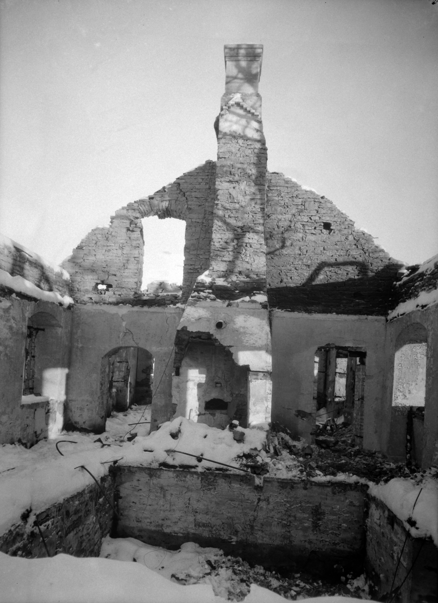 Ringsaker, Helgøya, Hovinsholm, Mann med hund, foto fra branntomta etter hovedbygningen som brant ned til grunnen den 20. desember 1937.