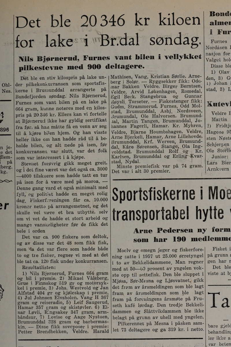 Avisomtale og resultater fra pilkekonkurranse utenfor Strandsaga i Brumunddal 09. 03. 1958.. 