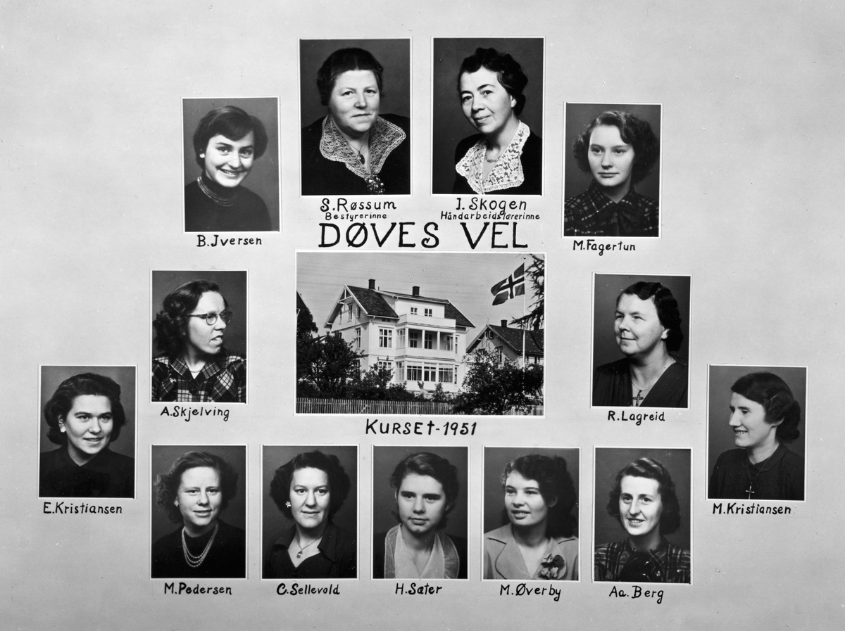 Hamar, Storhamargata 74, Døves Vel, skoleklasse 1951, elevkull fotomontasje med navn på elever og lærere, 
Foto 1: lærer Ingeborg Skogen, 
Foto 2: bestyerinne Sigrid Røssum og 11  elever,