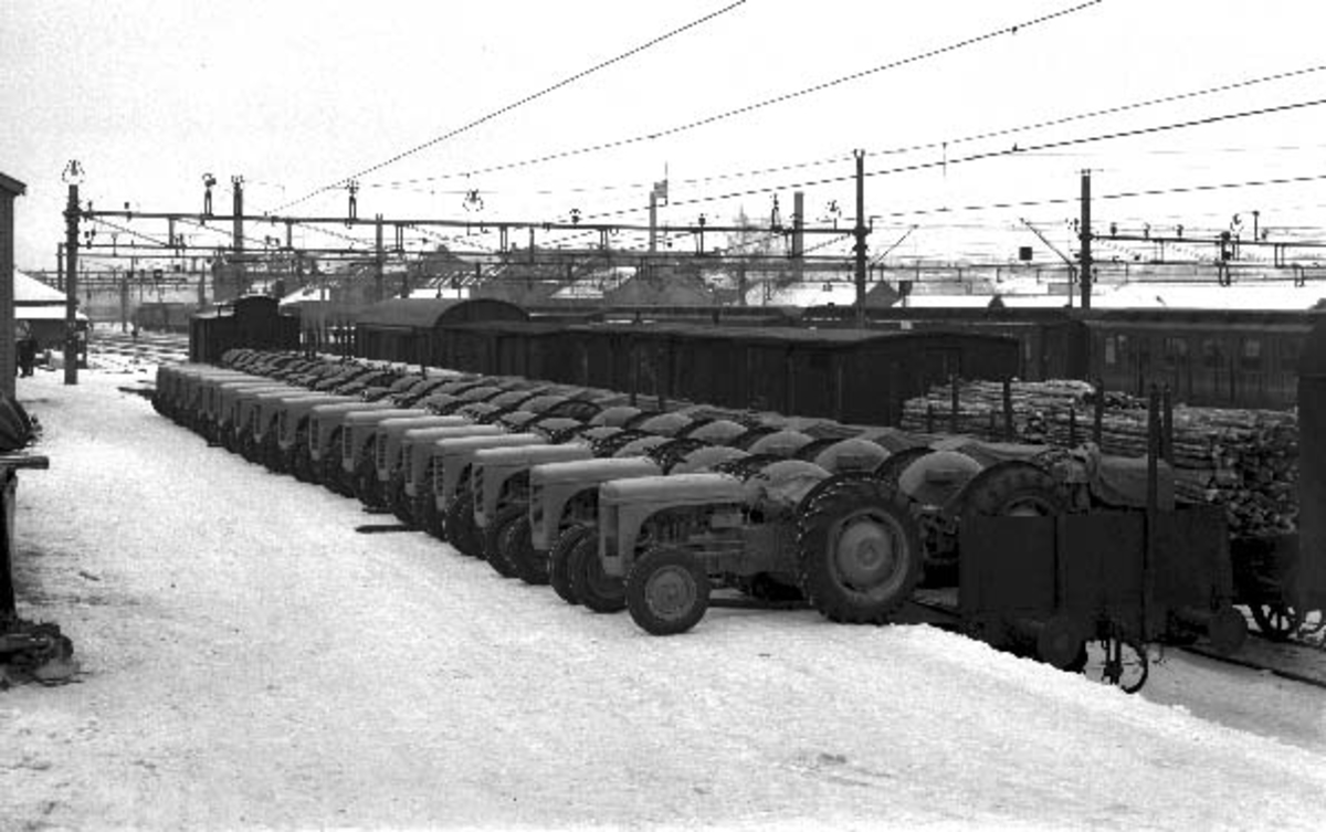 Hamar jernbanestasjon, Romstad Auto, 42 traktorer oppstilt på perrongen og på jernbanevogner. Fergusson, "gråtass",