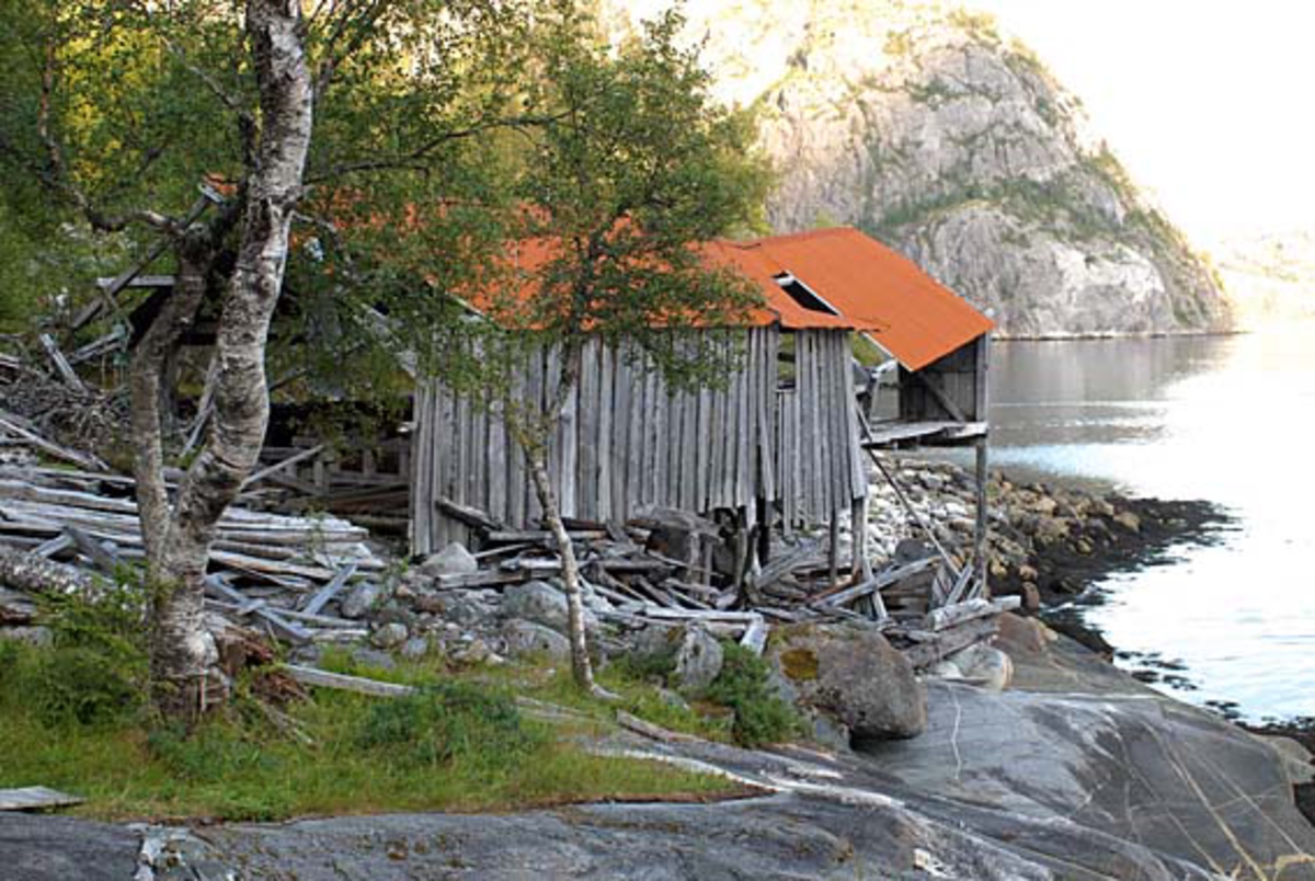 Den gamle Bønåsaga i Vevelstad kommune i Nordland (Helgeland), fotografert sommeren 2008. Fotografiet viser deler av et saghus i bordkledd (vertikalt) bindingsverk med rustne jernplater på taket.  Anlegget bærer preg av at naturkreftene har herjet med det.  Vannrenna og vannhjulet er borte.  Bygningsskjellettet later imidlertid til å være intakt, selv om den ytre delen av taket har fått en liten knekk. Den dagen fotografiet ble tatt lå Vistenfjorden blank i bakgrunnen. 