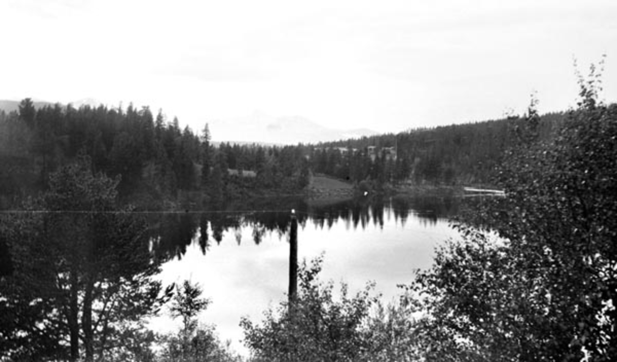 Patri fra Atnbrua i Sollia, Stor-Elvdal i Hedmark.  Bildet er tatt over sjøen mot Rondane.  I forgrunnen en del buskas og en lysstolpe mot ei blank vannflate.  På motsatt side av sjøen et småkupert terreng med barskog og enkelte dyrkete grasvoller.  I skogen skimtes også et lite gardstun.  I bakgrunnen ses fjella i Rondane mot himmelen. 