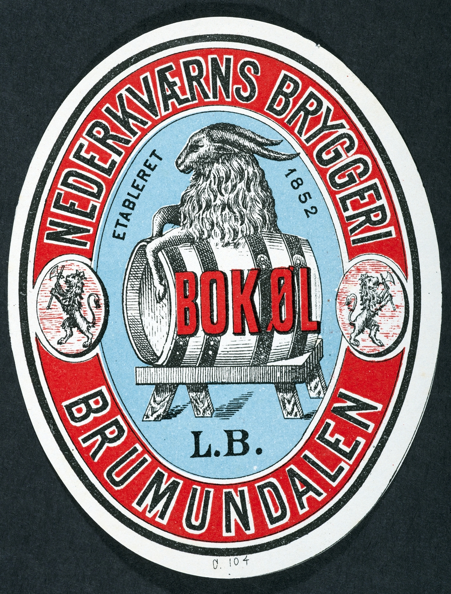 Øletikett. Nederkværns bryggeri(etablert 1852), Brumunddalen. Bokøl.