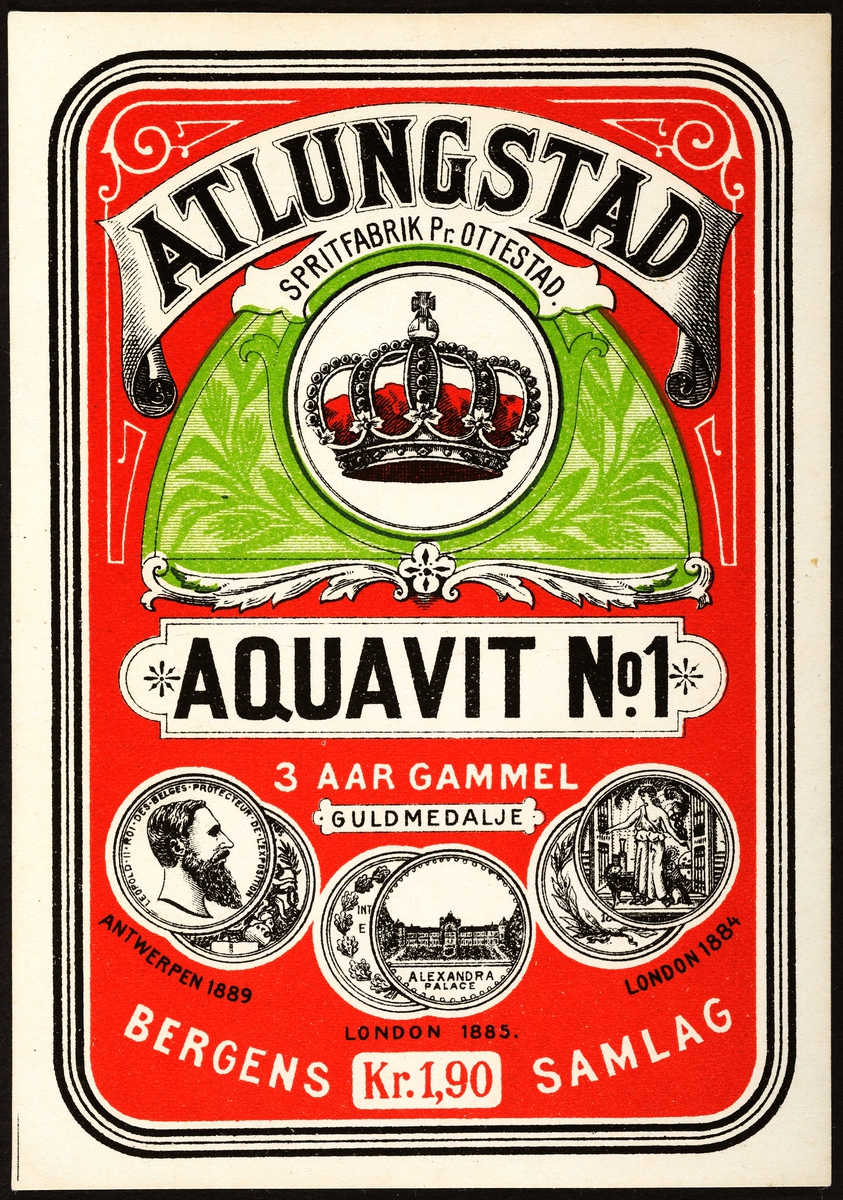 Brennevinsetikett. Spritetikett fra Atlungstad spritfabrik. Aquavit No 1. 
Akevitt etikett. 