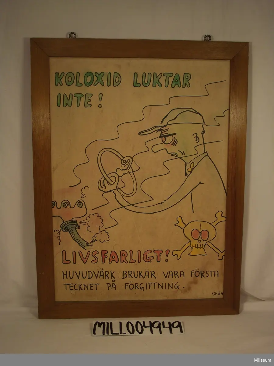 Skötselanvisningar för motortjänst "Koloxid luktar inte! Livsfarligt! Huvudvärk brukar vara första tecknet på förgiftning." 
Akvarell av Ulf Bottne.