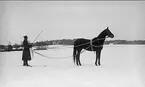 Löjtnant Sven von Essen utövar tolkning på skidor efter egna tjänstehästen/tävlingshästen Flanagan.