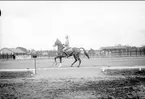 Skövde fältrittklubbs tävlingar 1932. Dressyrtävling på sandbanan öster om ridhuset. I bakgrunden järnpaddocken.