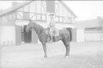 Livhusar i uniform m/1910 och trekantig hatt m/1910 på tilldelad stamhäst söder om skvadronstallet