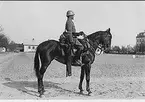 Fältutrustad husar i uniform m/1923 med kulsprutegevär på fältutrustad häst. (jfr 12810)